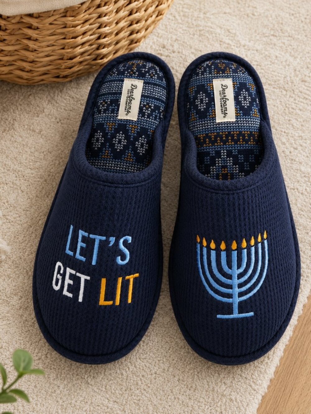 Dearfoams "Let's Get Lit" Hanukkah Menorah Slippers Men's Cozy Slippers